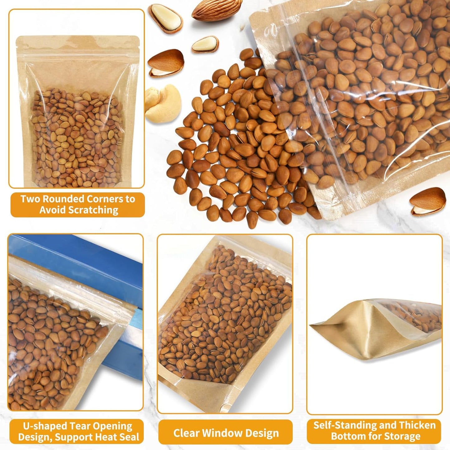 100 PCS Resealable Bags, Stand Up Kraft Bags with Window Clear Front Pouches, Zipper Lock Food Storage Bags 4.72×7.87 Inch Reusable Sealable Bags for Packaging