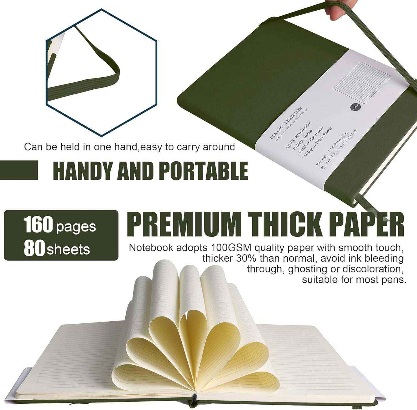 Lined Journal Notebook, 10Pack(Olive Green), 160 Pages, Medium 5.7 inches x 8 inches - 100 gsm Thick Paper, Hardcover