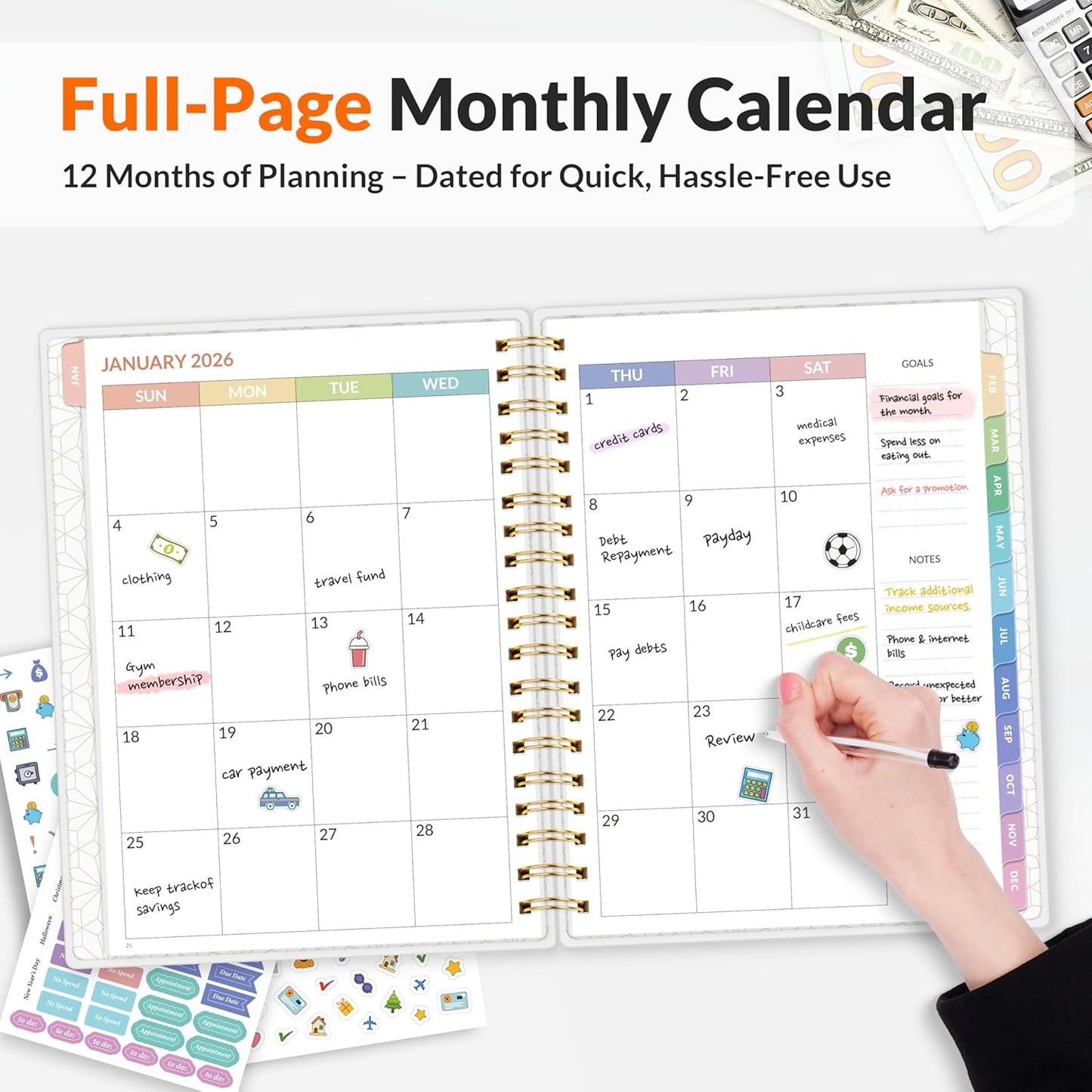 SUNEE 2026 Budget Planner - Deluxe Monthly Budget Book from JAN 2026 - DEC 2026, Bill Organizer with 12-Pockets, Expense Tracker Notebook B5 Size (8" x 10"), Finance Planner Account Book, Blue