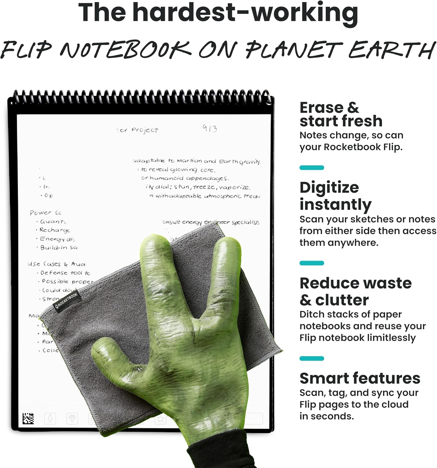 Rocketbook Flip Reusable Smart Notepad, Top Bound Notebook Letter Size8.5x11, Black - Lined and Dotted Pages, App-Connected, Erasable, Ideal for Righties and Lefties