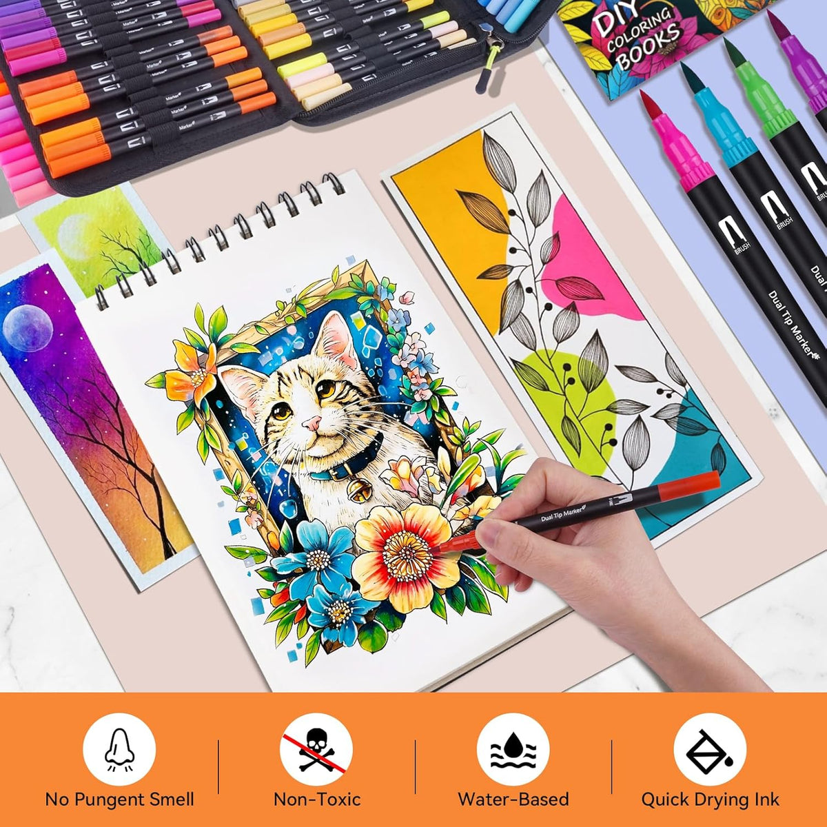 Dual Markers Brush Pens for Adult Kids Coloring Books, 72 Colors Art Marker Set with Fine & Brush Tip Pen for Bullet Journaling, Coloring, Drawing, Hand Lettering, Calligraphy, Art Supplies