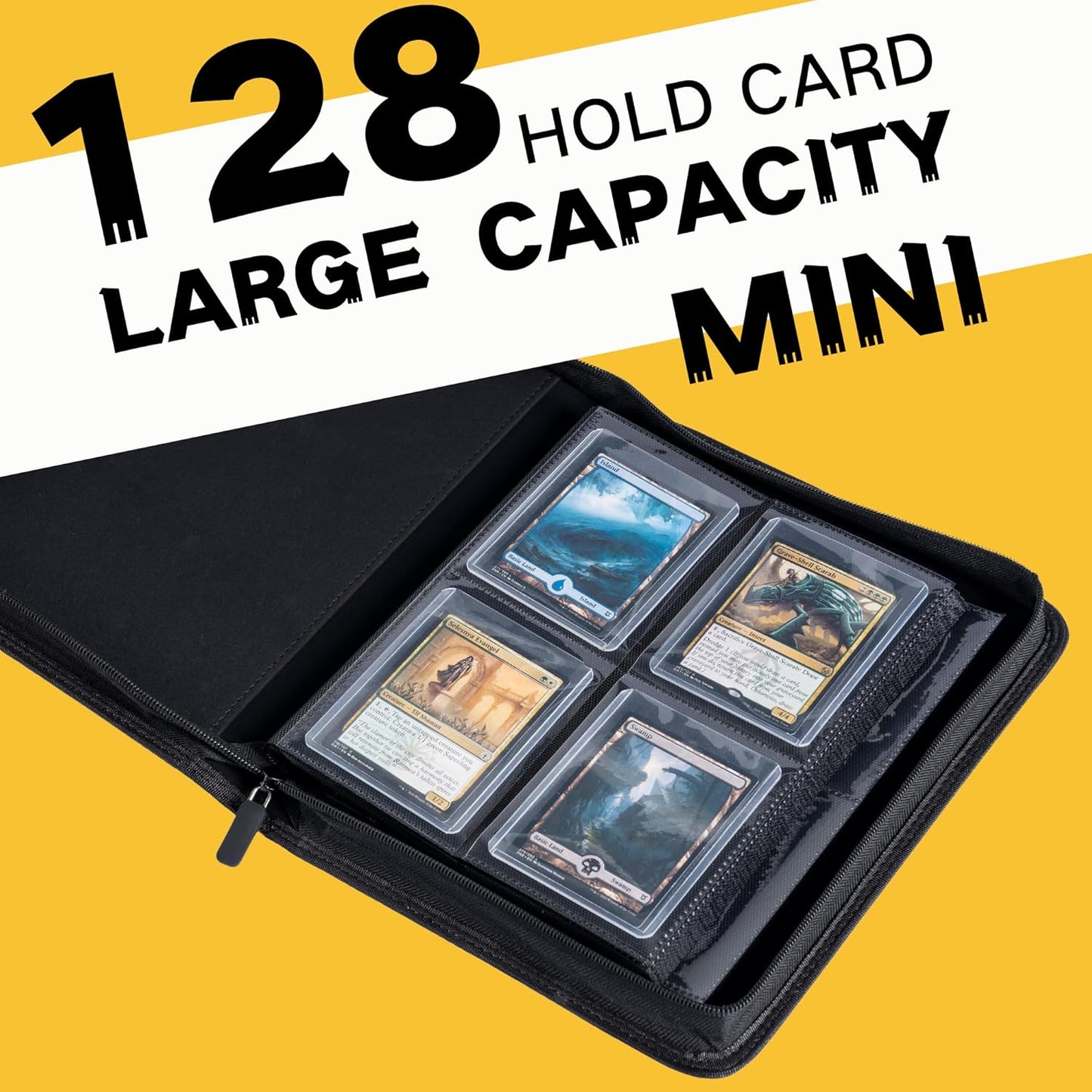 Toploader Binder, Holds 128+ Toploaders, 4 Pocket Top Loader Card Storage Case, Double-Sided Pockets for trading card in 3 x 4'' Toploaders
