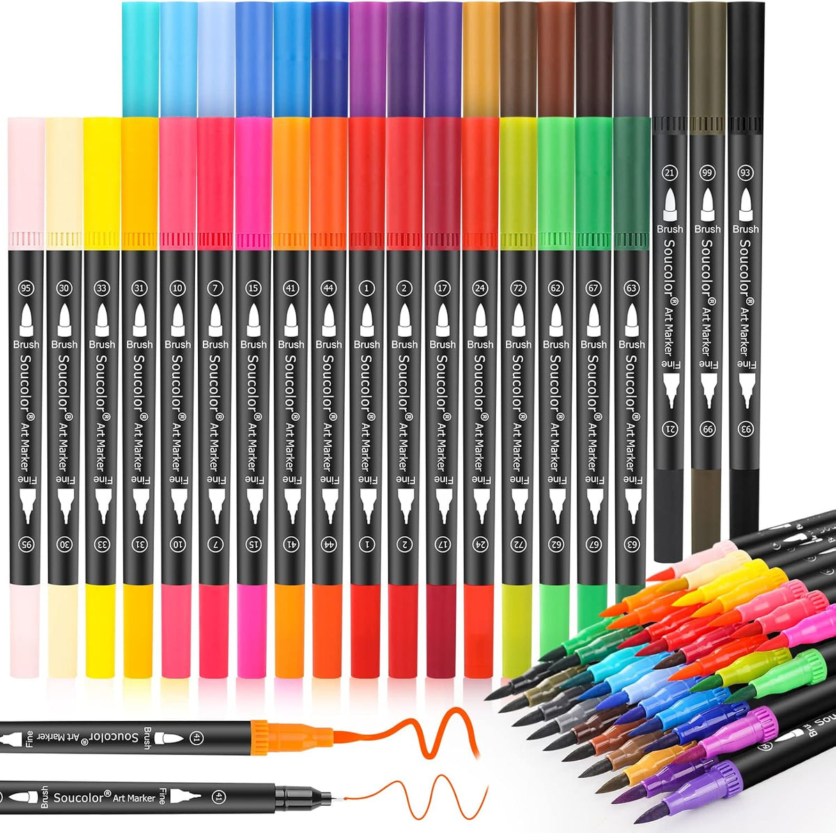 Soucolor Art Brush Markers Pens for Adult Coloring Books, Christmas Gifts Stocking Stuffers for Teen Girls Art Supplies, 34 Colors Numbered Dual Tip (Brush and Fine Point) Drawing Markers for School