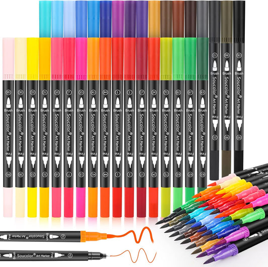 Soucolor Art Brush Markers Pens for Adult Coloring Books, Christmas Gifts Stocking Stuffers for Teen Girls Art Supplies, 34 Colors Numbered Dual Tip (Brush and Fine Point) Drawing Markers for School
