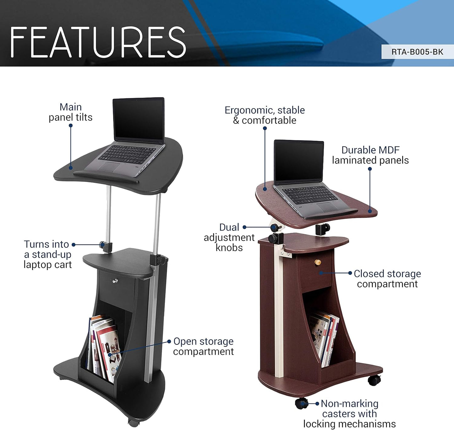 Techni Mobili Sit-to-Stand Mobile Medical Laptop Computer Cart, Black, Adjustable Height, B005