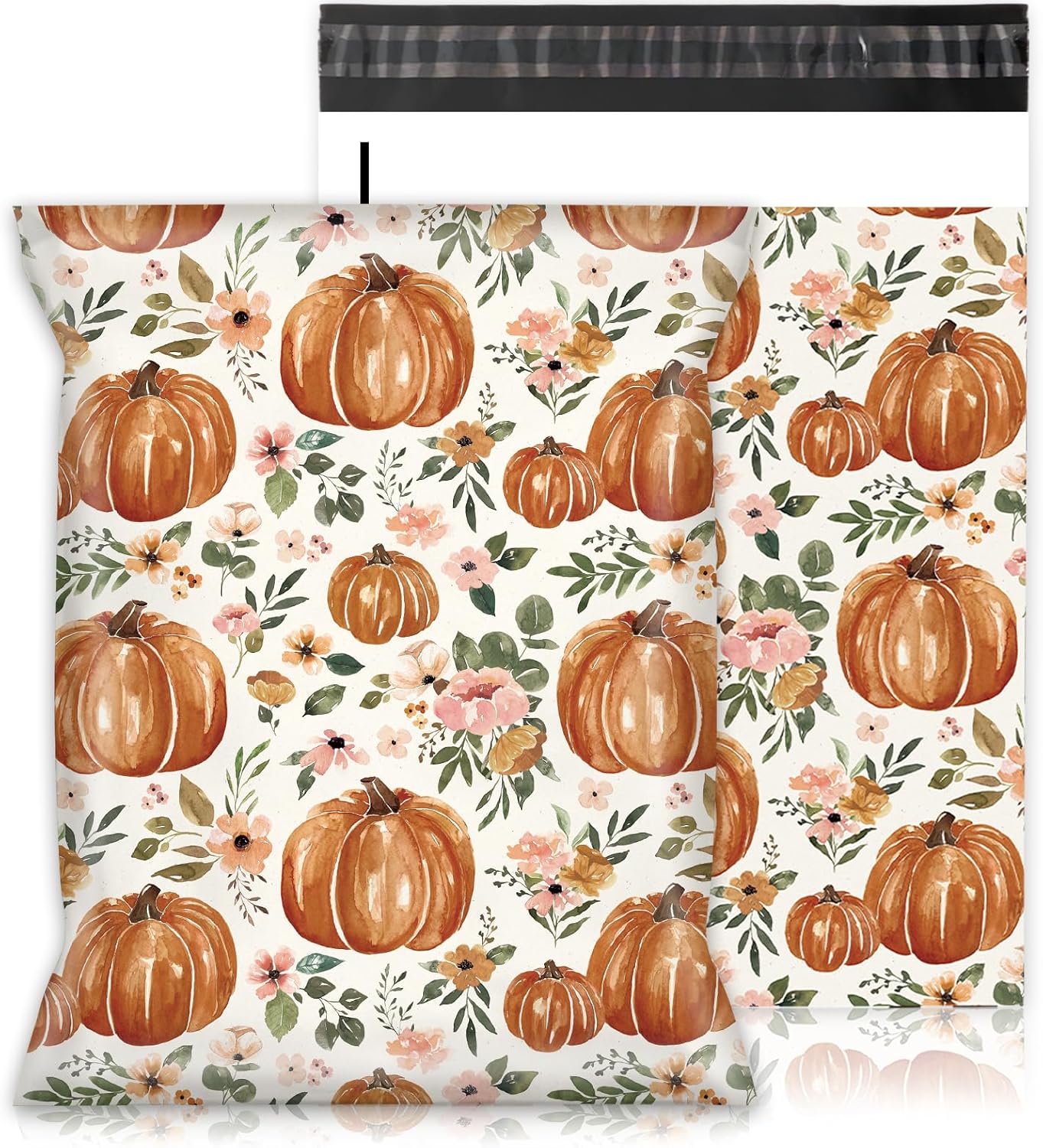 50Pcs Fall Poly Mailers 10 x 13 Inch Watercolor Floral Pumpkin Packaging Bags Autumn Self Seal Mailing Envelope Bags for Harvest Thanksgiving Small Business Clothing