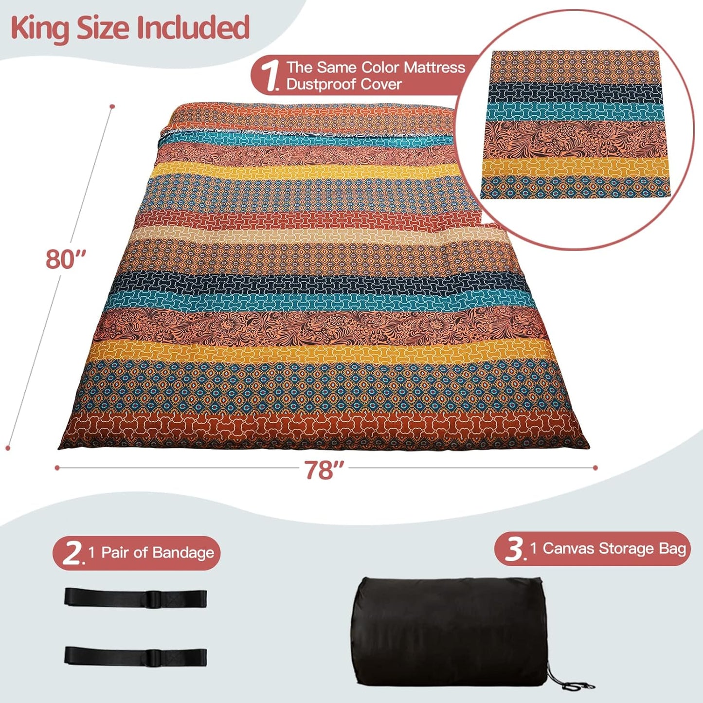 MAXYOYO Bohemian Vintage Floral Japanese Futon Mattress - Roll Up Tatami Floor Mat, Foldable Bed, Portable Camping Mattress, Sleeping Pad, Floor Lounger, Couch Bed - King Size