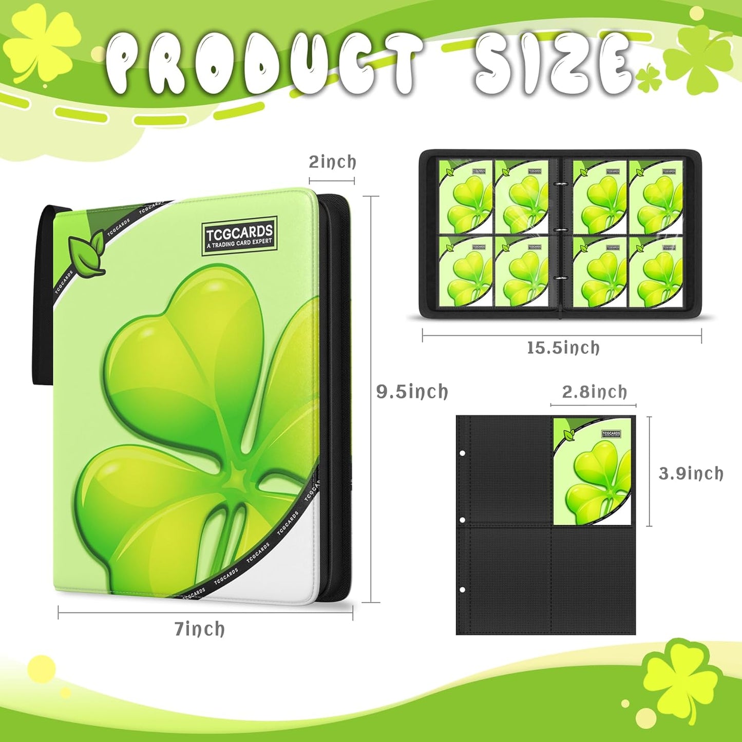 Trading Card Binder 4 Pocket，Card Binder 400 Pockets Card Book Holder Cards with 50 Removable Sleeves，3-Ring Zip Design MTG/TCG/Sport Collectible Trading Card Albums Gifts for Boys and Girls (Leaf)