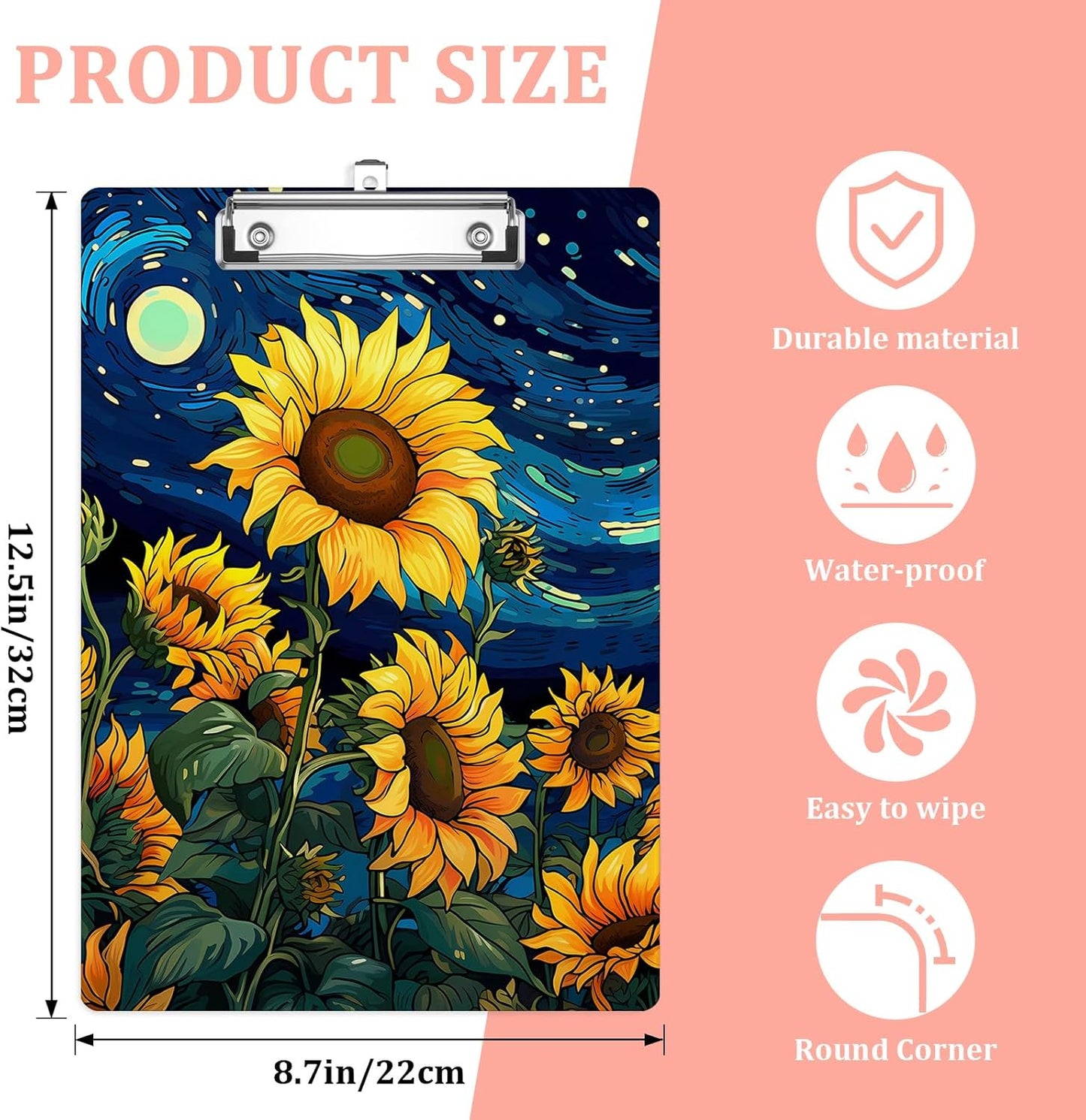Sunflower Oil Painting Plastic Clipboards,Cute Fashion Clipboard Decorative 8.5" x 12.5"Standard A4 Size Clipboards,Acrylic Clipboard for Teacher,Social Worker,Students,Nurse,Office Supplies