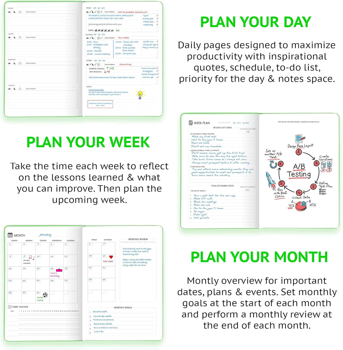 Undated Daily Planner – 1-Year B5 Productivity Organizer with Two-Page Weekly Spread, Goal Setting, Habit Tracker, Weekly & Monthly Pages – Hardcover Time Management Notebook (Lime Green)