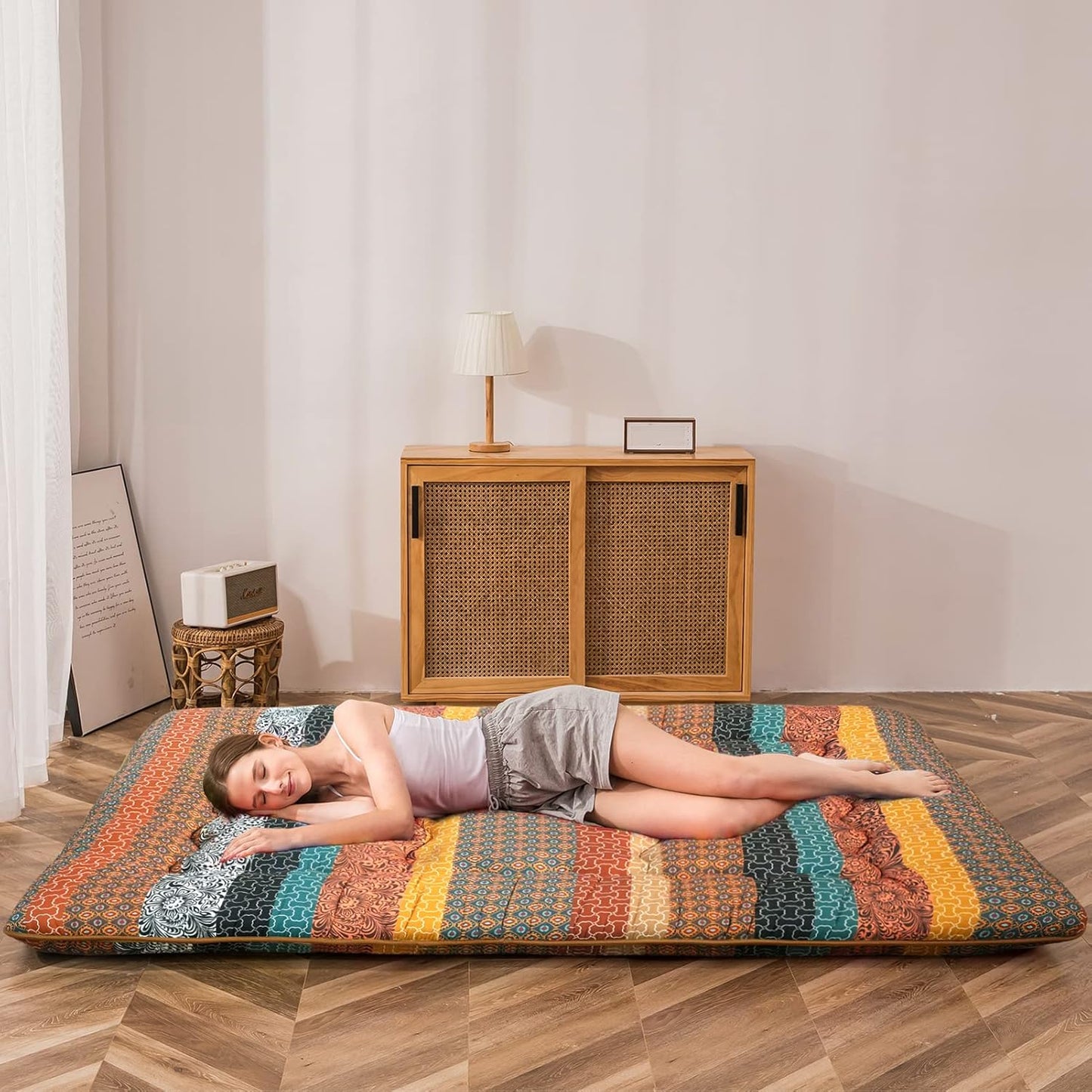 MAXYOYO Bohemian Vintage Floral Japanese Futon Mattress - Roll Up Tatami Floor Mat, Foldable Bed, Portable Camping Mattress, Sleeping Pad, Floor Lounger, Couch Bed - King Size