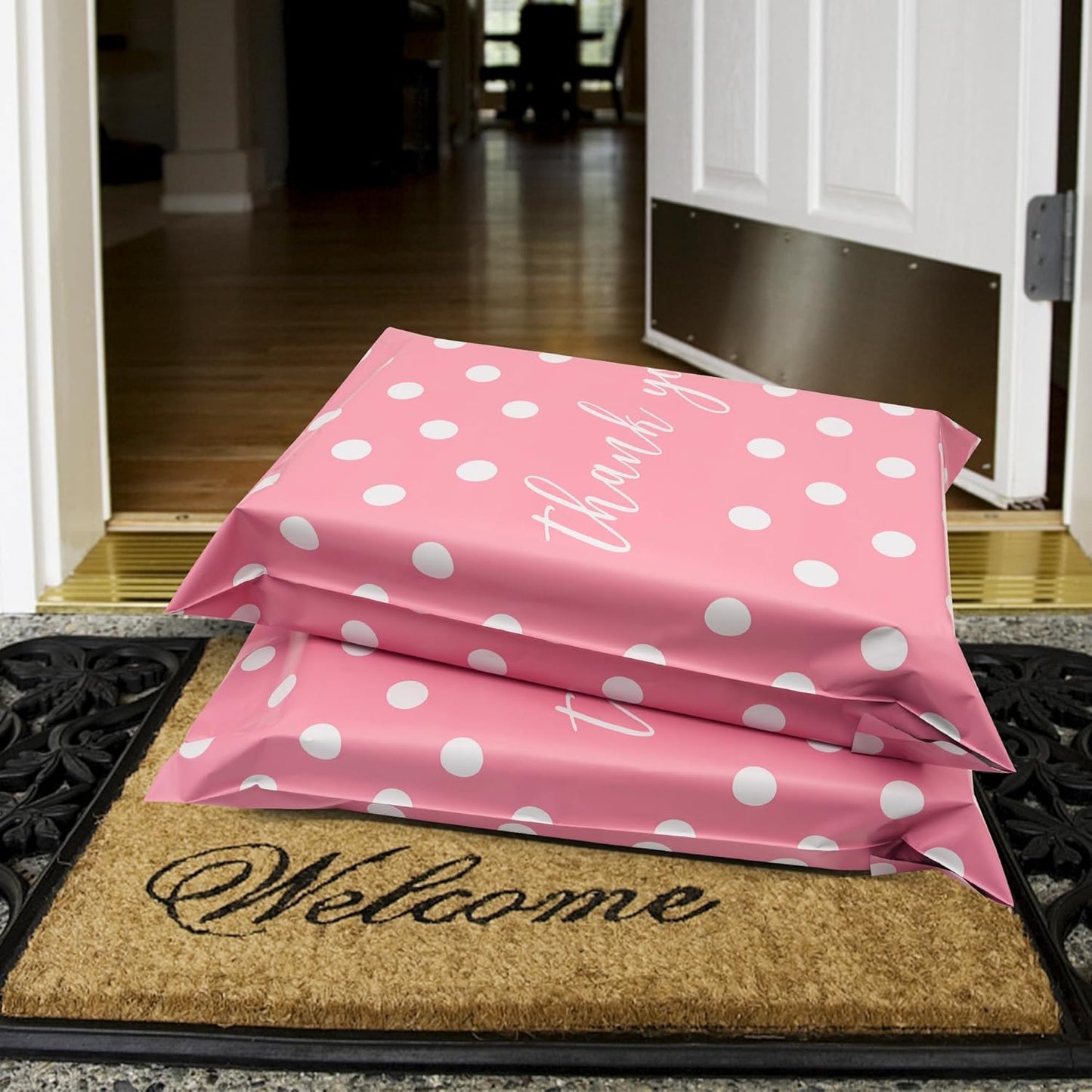 Thank You Poly Mailers 10x13 Inch 100 Pcs - Pink Dots printed Shipping Bags, 2.4mil Thickness, Waterproof and Tear Resistant Mailing Envelopes, Self-Sealing Packaging Bags for Small Business
