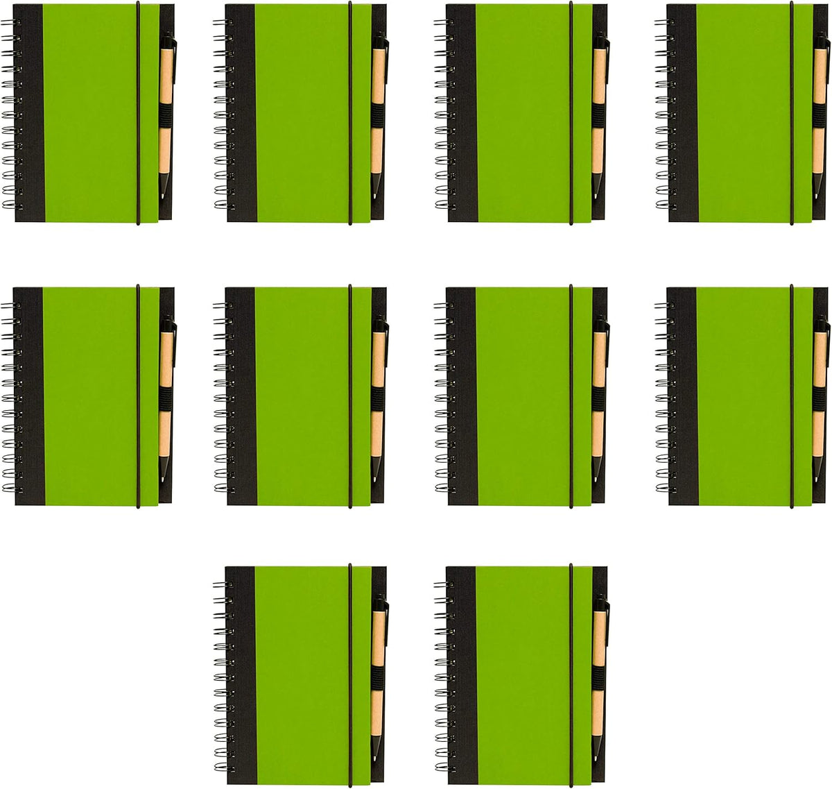 DISCOUNT PROMOS Eco Block Notebooks with Pens Set of 10, Bulk Pack - Perfect for School, Office, Business, Home - Lime Green