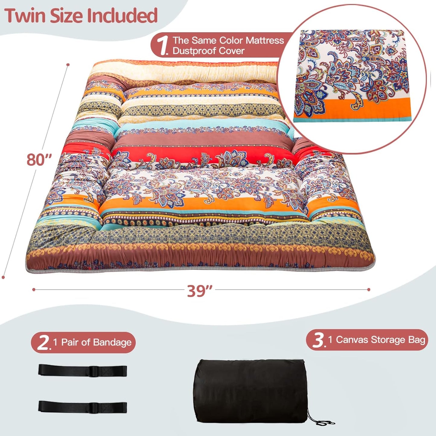 Bohemian Retro Floor Mattress Vintage Floral Japanese Futon Mattress Roll Up Thicken Sleeping Bed Portable Camping Mattress Floor Lounger Couch Bed Pad, Twin Size