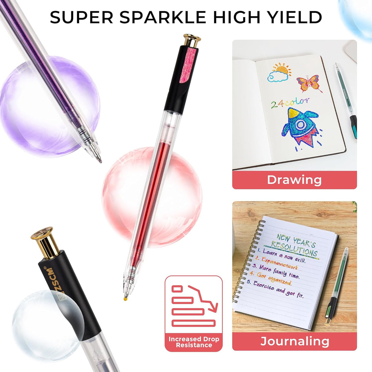 Retractable Super Glitter Gel Pens, 24 Colors Large Capacity Metallic Sparkle Gel Ink Pens, 1 mm Fine Point Smooth Writing Color Pen for Adult Coloring Book Note Taking Aesthetic Art Supplies