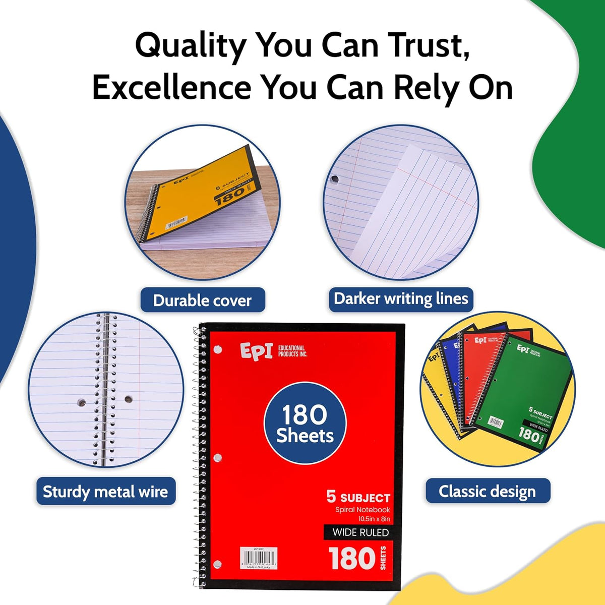 EPI Spiral Notebook | 5 Subject - Wide Ruled - 180 Sheets, Durable Spiral Binding | 10.5 x 8 in | Classroom Supplies | School, Office, Note Taking, Journaling - 12 Pack