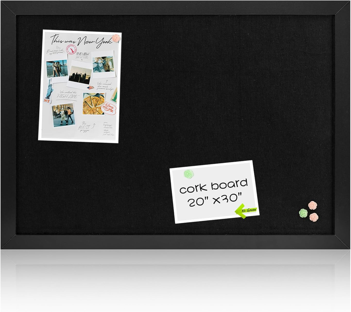 Board2by Black Cork Board Bulletin Board with Linen, Wood Framed 30" x 20" Corkboard, Office Board for Wall Decor, Wall Mounted Pin Board Picture Board with 20 Pushpins for School, Home & Office