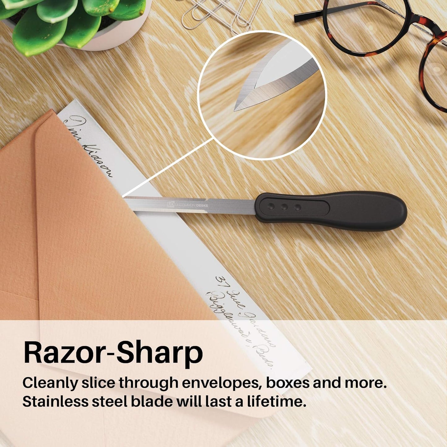 Uncommon Desks Office Letter Opener - Stainless Steel Knife-Edge Blade, Ergonomic Grip Handle (Black, 6 Pieces)