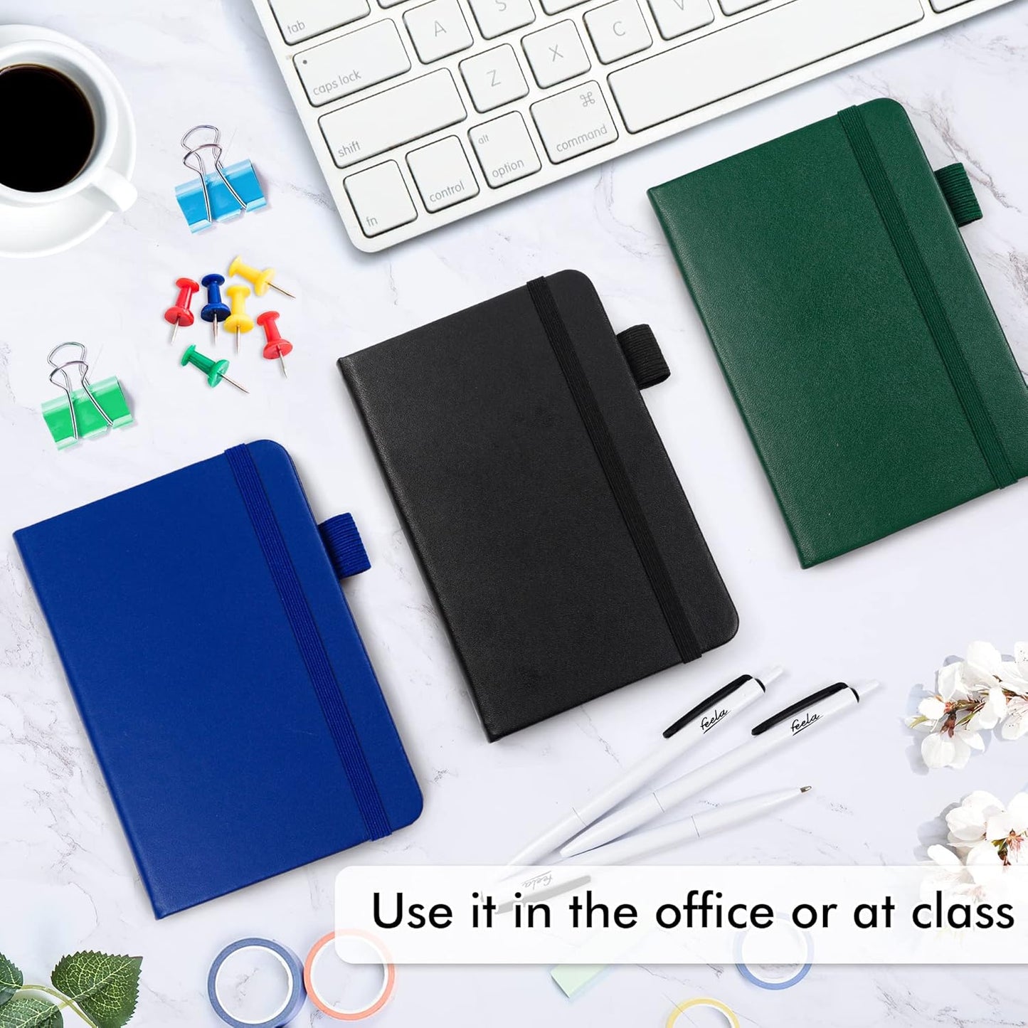 feela 15 Pack Pocket Small Notebooks Bulk, Mini Cute Notepads Hardcover College Ruled Lined Journals with Pen Holder for School Business, with 15 Black Pens, 3.5”x 5.5”, A6, Black Navy Dark Green