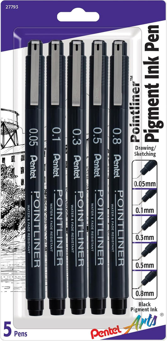 Pentel Arts Pointliner Drawing Pen, 5-Pack, Assorted Sizes, Black Ink (S20PBP5A)