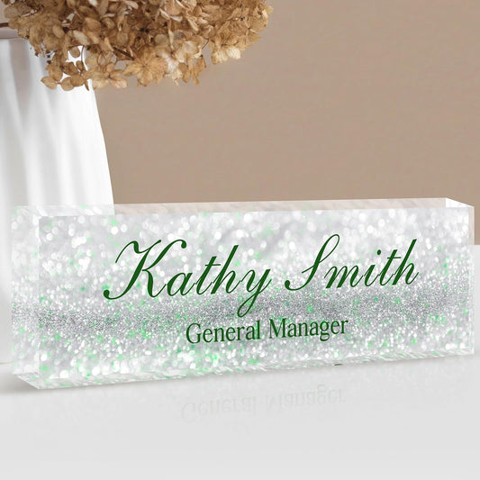 Custom Name Plate for Desk | Personalized Desk Name Plate | Personalized Boss Employee Appreciation Gifts | Acrylic Name Plate Office Desk Accessories (A-Silver Green Crystal)