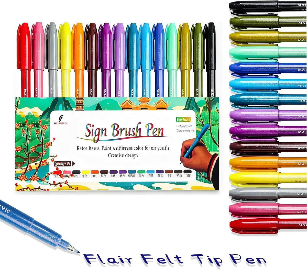 Felt Tip Pens, 15pcs Calligraphy pen Flair Pens Fine Point(0.4mm) Assorted Colors, Sign Brush Pen Art Brush Marker, Journaling Pen Set for Beginners Adult Hand Lettering Calligraphy