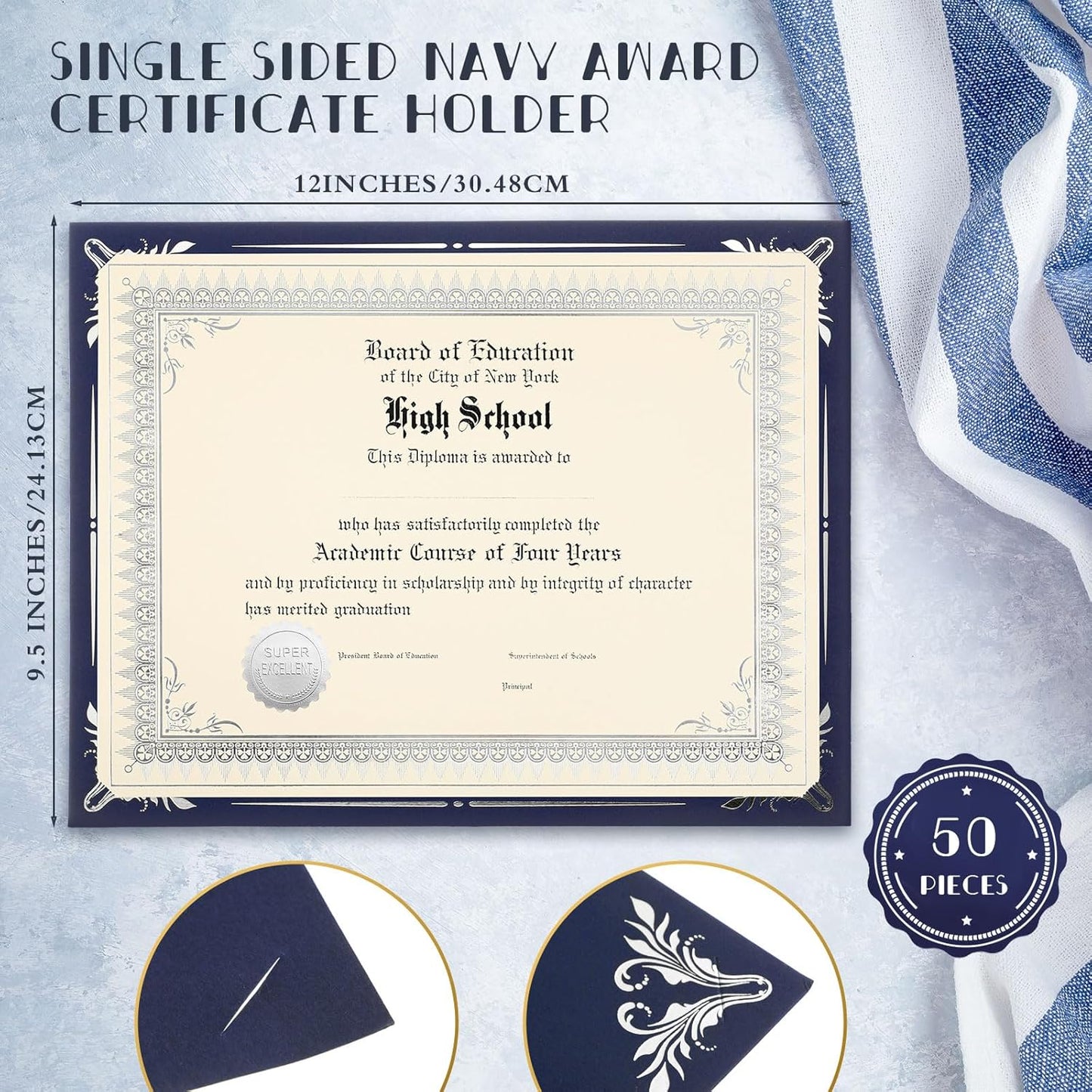 Fainne 50 Sets Certificate Kit Includes 50 Pcs 9.5 x 12 Inch Certificate Holders 50 Pcs Letter Size Papers 50 Pcs Foil Award Seals Diploma Covers for Appreciation(Navy Blue, Silver)