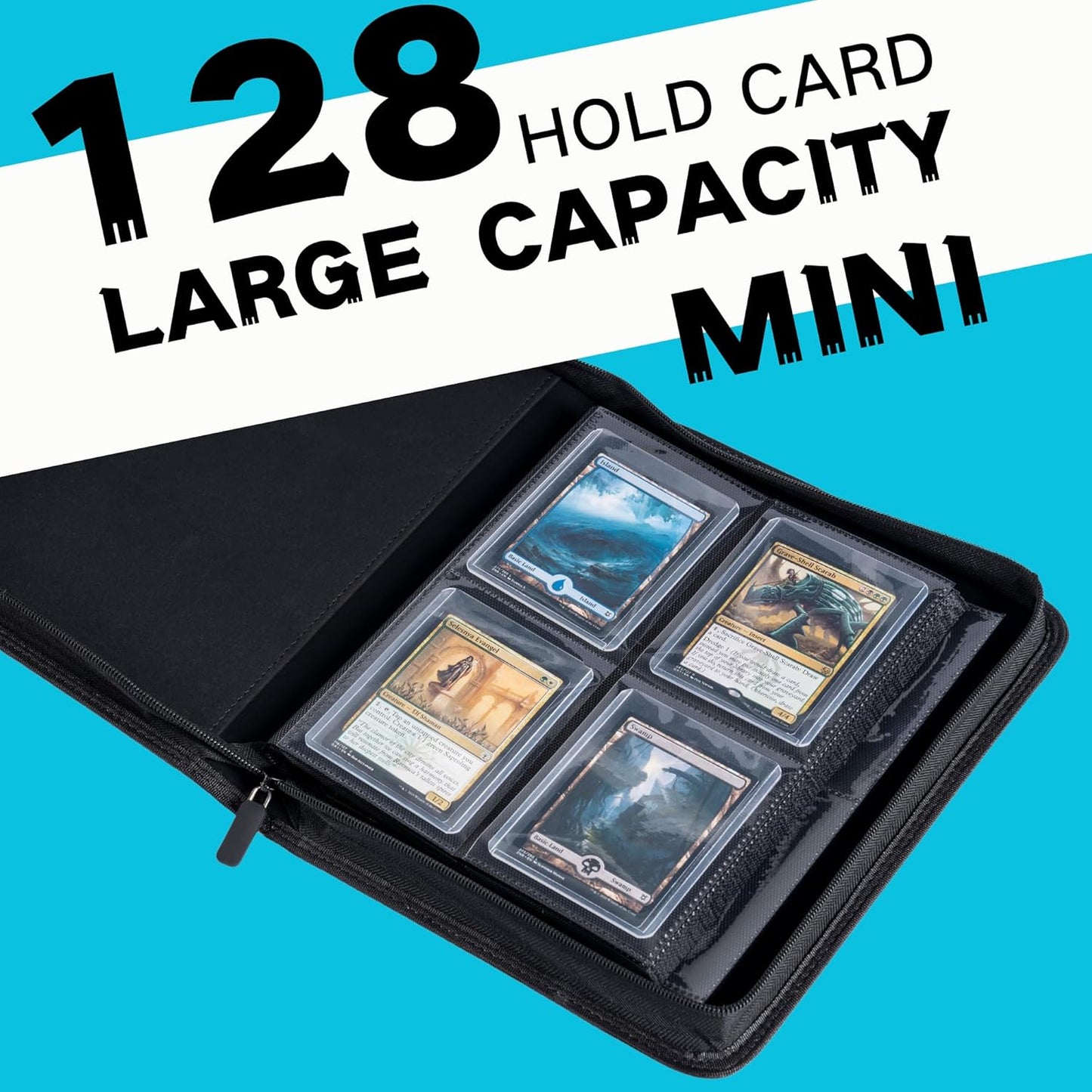 Toploader Binder, Holds 128+ Toploaders, 4 Pocket Top Loader Card Storage Case, Double-Sided Pockets for trading card in 3 x 4'' Toploaders（Blue）