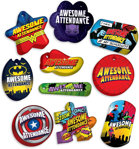 Awesome Attendance Heroes Brag Tag Value Pack to Improve Students' School & Classroom Attendance: 100 Tags (10 Tags for Each Design)