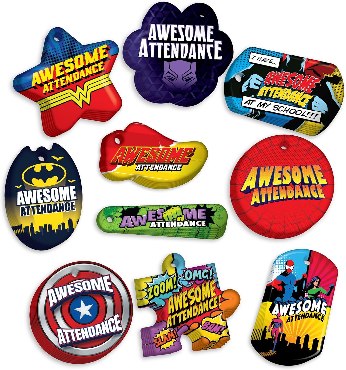 Awesome Attendance Heroes Brag Tag Value Pack to Improve Student School & Classroom Attendance: 250 Tags (25 Tags for Each Design) + 75 USA-Made 24" Hypoallergenic Aluminum Safety Chains