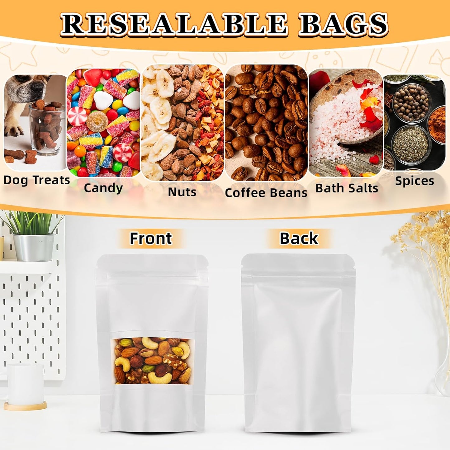Food Bags 100 Pack Granola Trail Mix Bags Mylar Bags with Window Resealable Mylar Stand Up Pouches Wax Melt Candy Bar Tea Packaging Beef Jerky Chip Bag Bolsas para Carne Seca (3.5"x5.5")