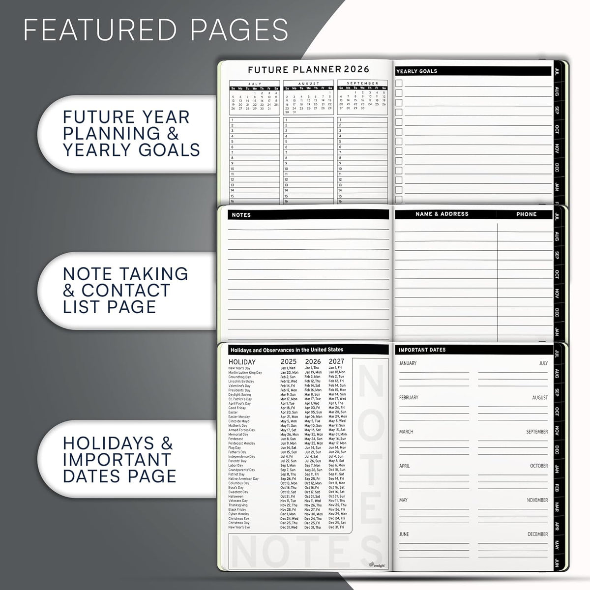 Ensight 2025-2026 HARDCOVER Leather Planner Weekly & Monthly - 6.5x8.5 Inches - Academic Planner Business Personal or Student - Pen Holder, Thick Paper, July 2025 - June 2026 (Grey)