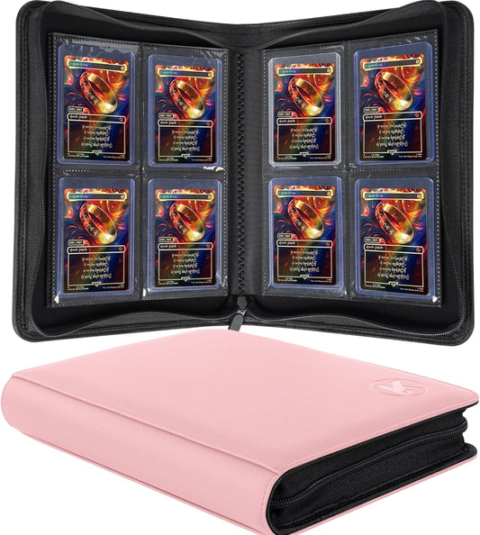 Toploader Binder, Holds 128+ Toploaders, 4 Pocket Top Loader Card Storage Case, Double-Sided Pockets for trading card in 3 x 4'' Toploaders（Pink）