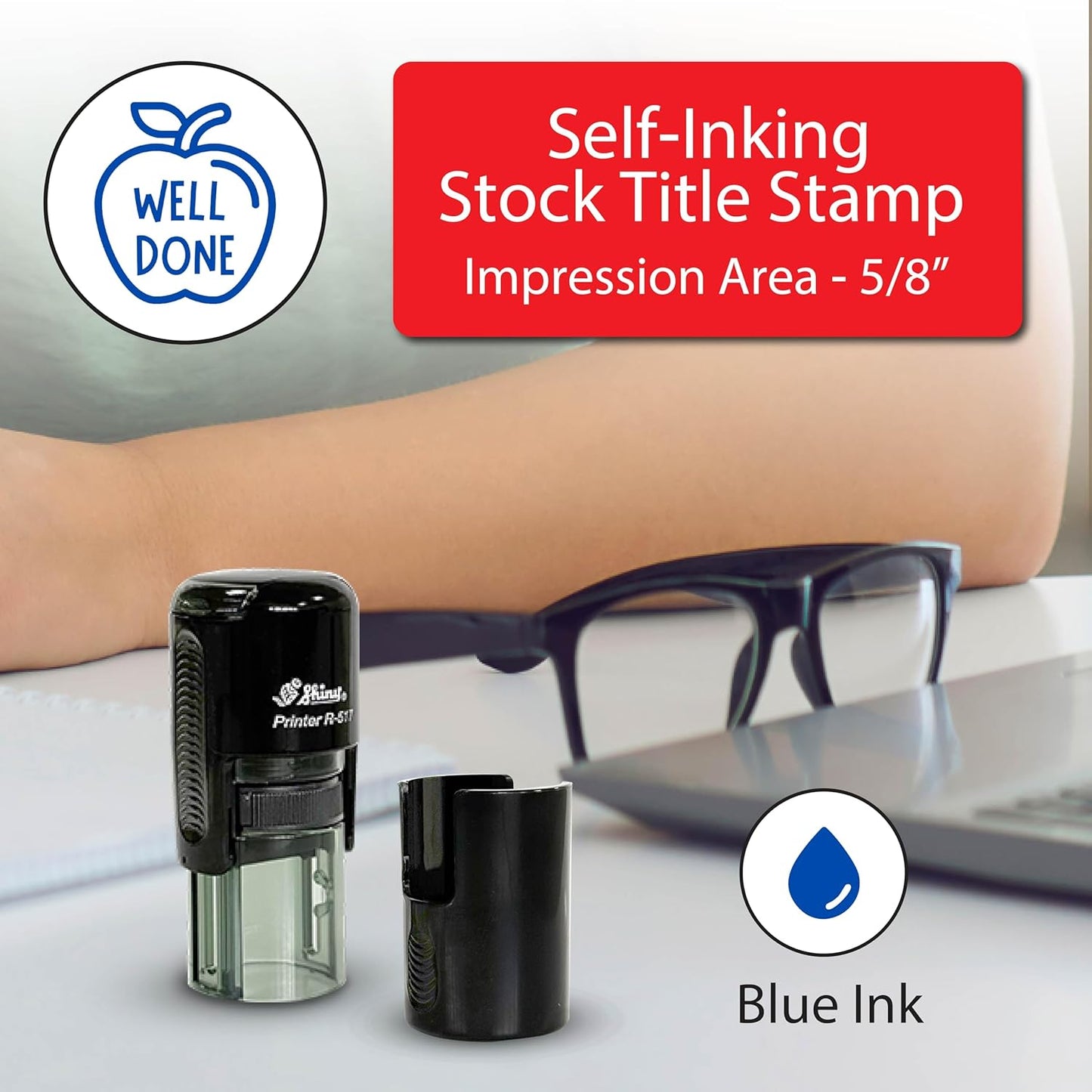 Shiny Well Done Teacher Stamp, Round Self Inking Stamp for Classroom, Blue Ink
