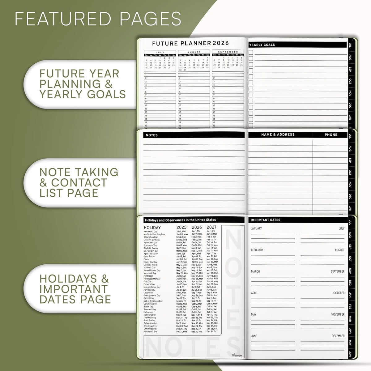 Ensight 2025-2026 HARDCOVER Leather Planner Weekly & Monthly - 6.5x8.5 Inches - Academic Planner Business Personal or Student - Pen Holder, Thick Paper, July 2025 - June 2026 (Olive Green)