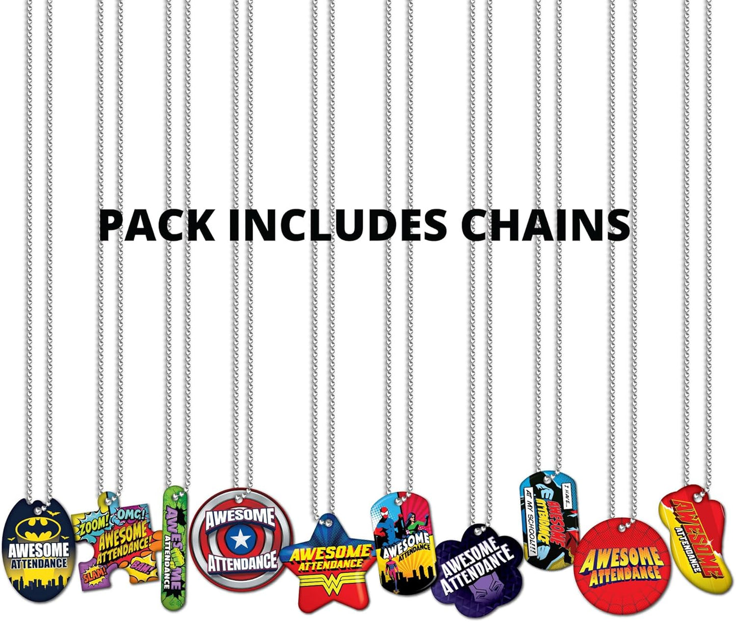 Awesome Attendance Heroes Brag Tag Value Pack to Improve Students' School & Classroom Attendance: 500 Tags (50 Tags for Each Design) + 150 USA-Made 24" Hypoallergenic Aluminum Safety Chains