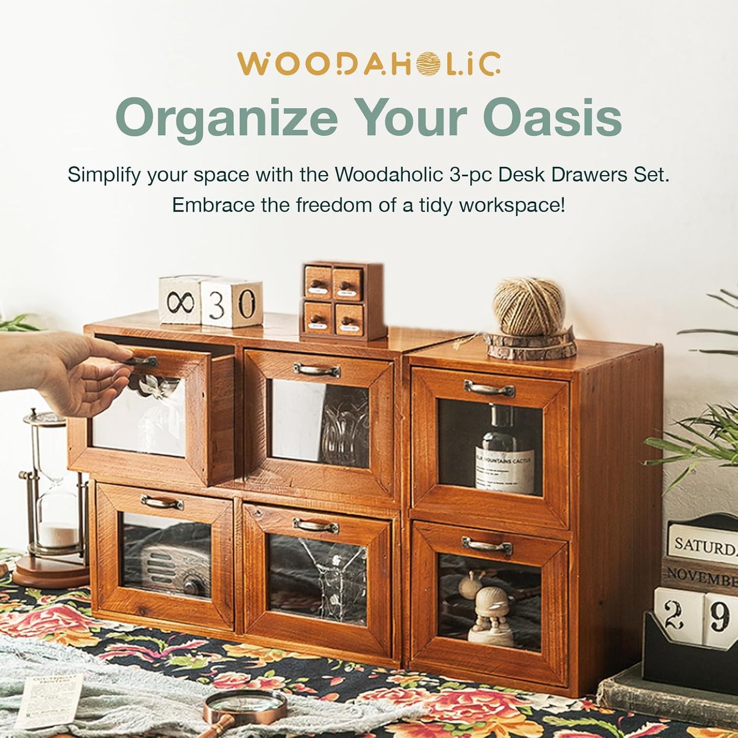 Set of 3 Desktop Organizer with Drawers - 2-Drawer Wood Organizer for Desk - Vintage Countertop Drawers with Glass Doors - Wooden Organizer Box for Index Card Catalog, Collectibles, Herb Storage