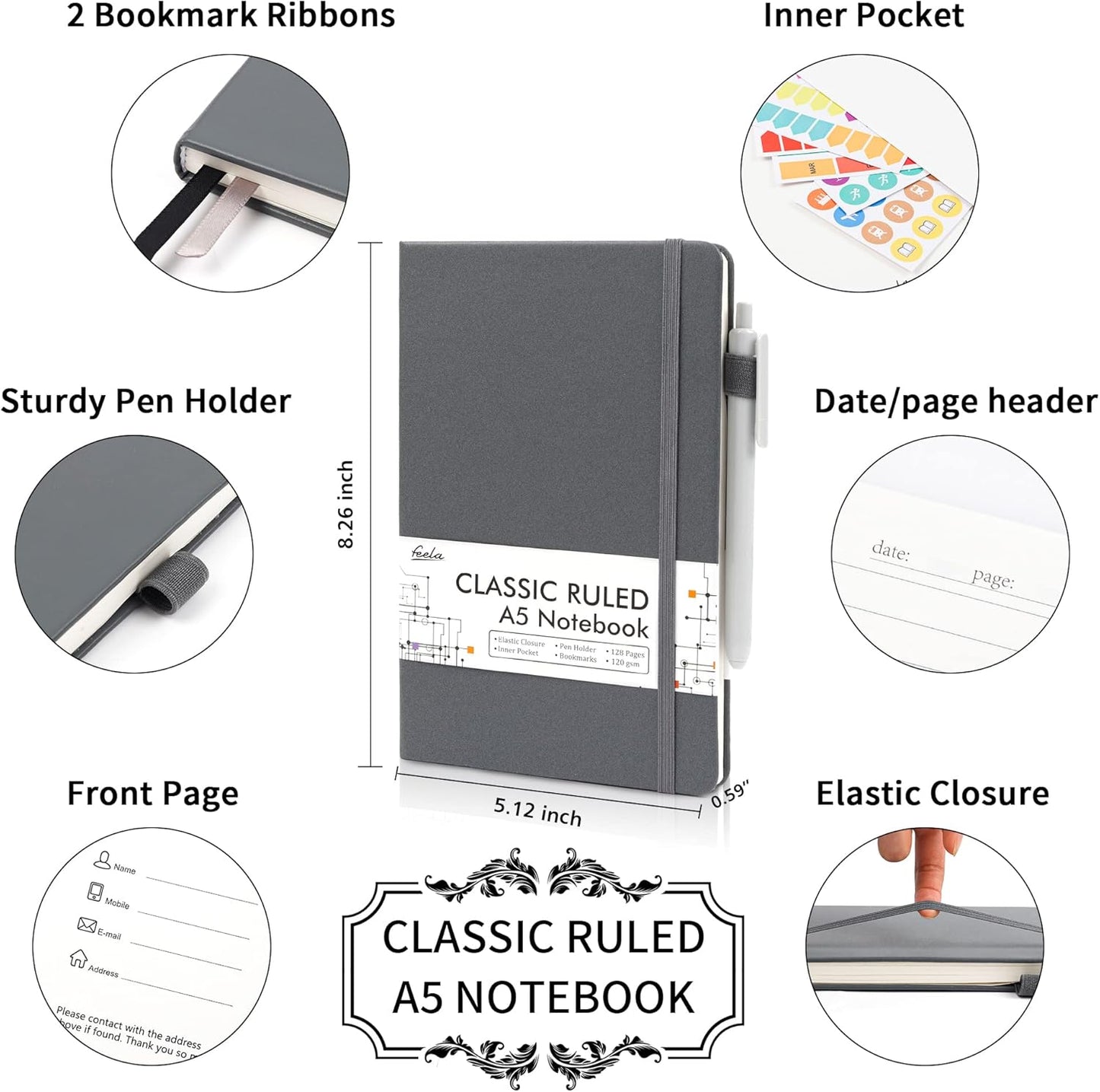 feela 8 Pack Journal Notebook Bulk for School, Hardcover Business Notebooks Classic Ruled Lined Journals with Pen Holder for Work Note Taking, with 8 Black Pens, 120 GSM, 5.1”x8.3”, A5, Gray