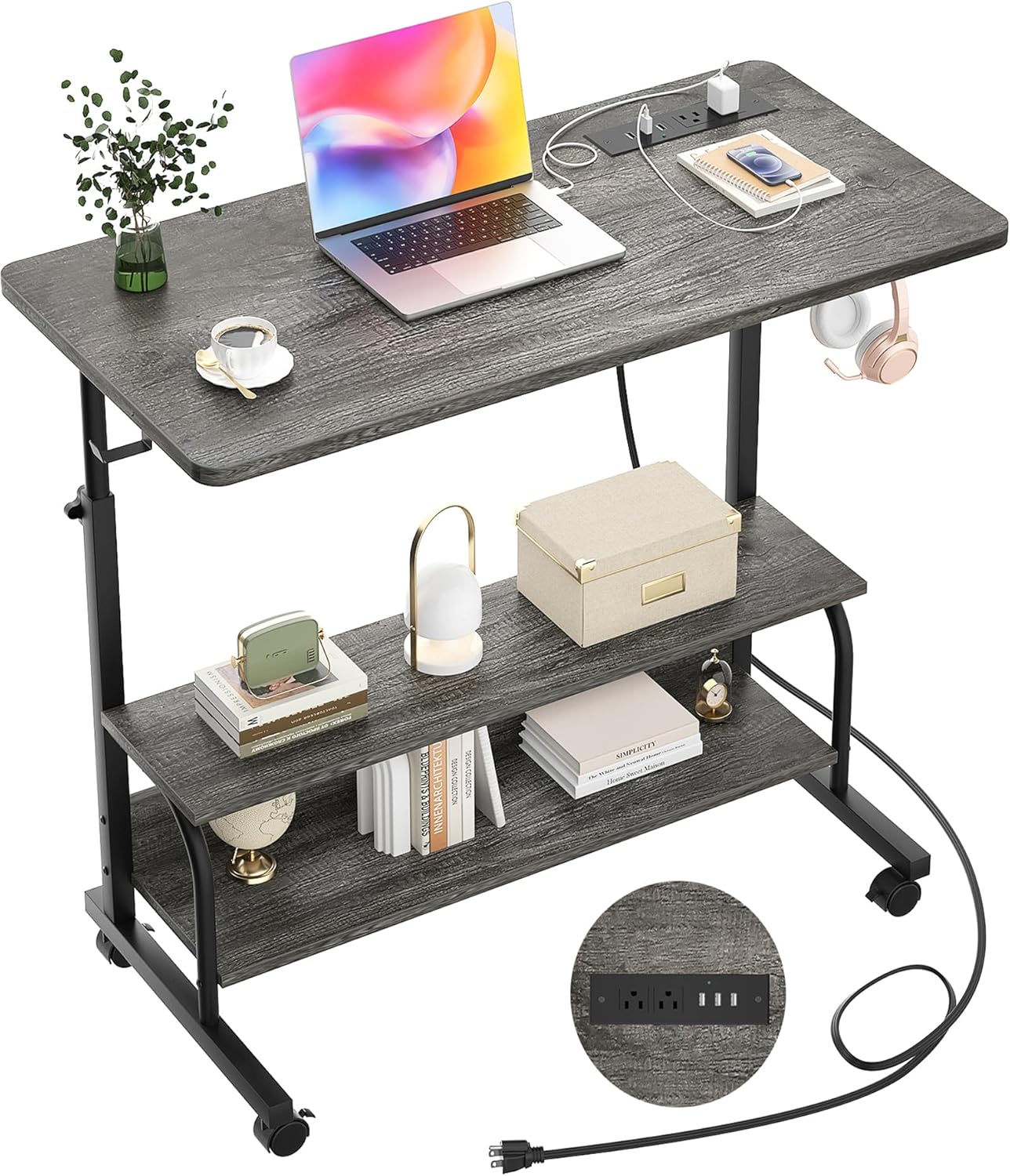 Height Adjustable Standing Desk with Power Outlets, 32" Manual Stand Up Desk with Storage Shelves Small Mobile Rolling Computer Desk Portable Laptop Table with Wheels for Home Office, Grey Oak