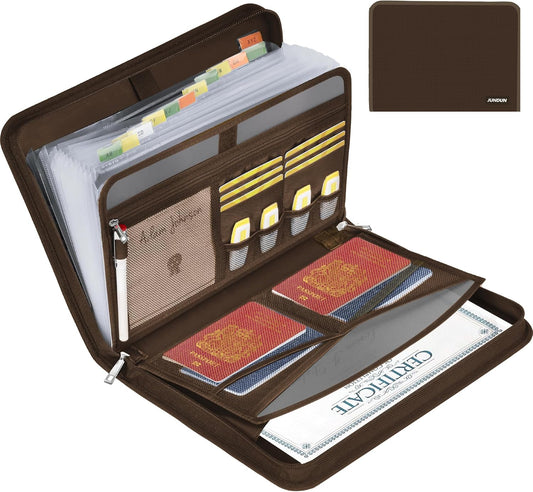 JUNDUN Accordion File Organizer - Fireproof Folder with Zipper & Labels - 12 Pocket Expanding File Folder with Multi-Pockets Paper Folder for Letter A4 Files | Receipt and More (Brown)