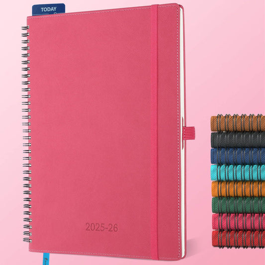 Planner 2025-2026 Daily Weekly and Monthly,11.5"x8.5",18 Months Spiral Bound Calendar Agenda with Self-adhesive Pen Holder,2026 Academic Plan with Vegan Leather Soft Cover,Rose Red