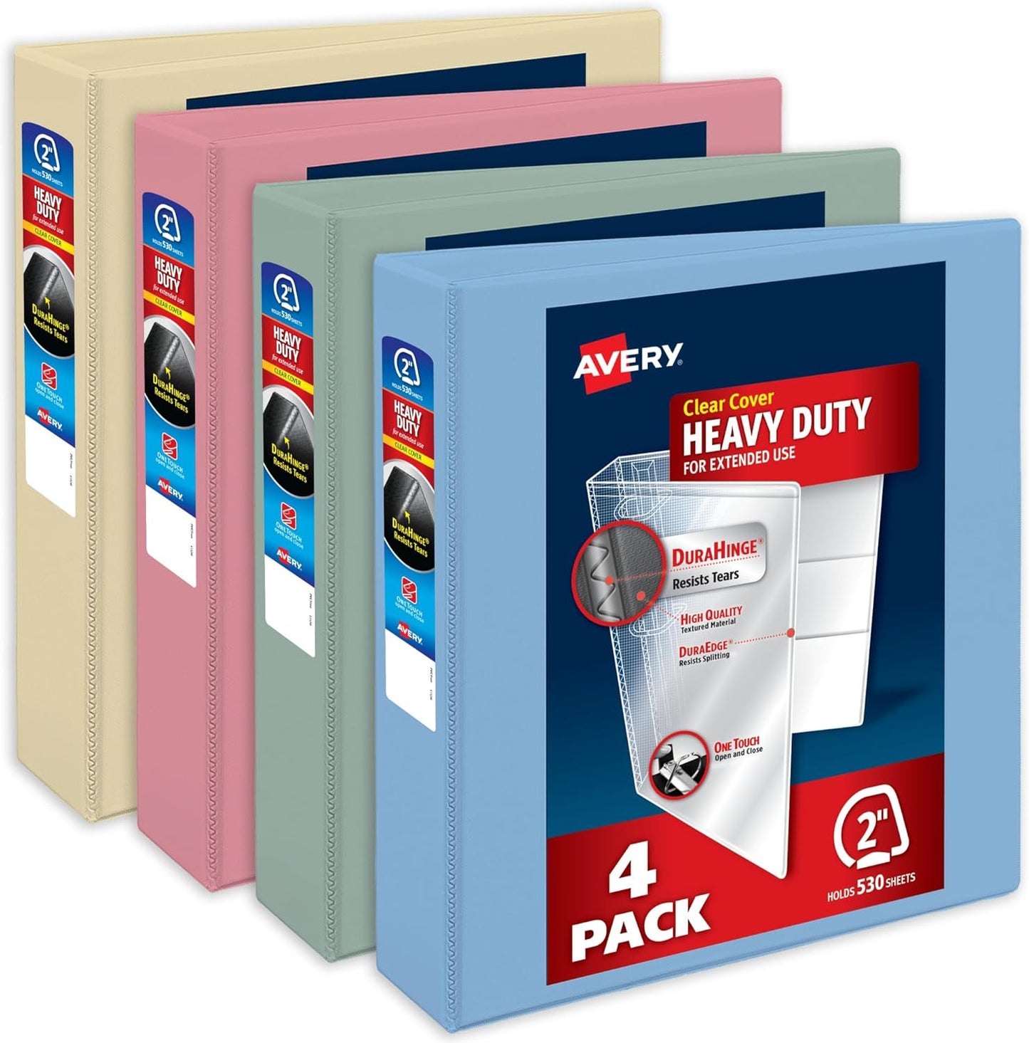 Avery Heavy-Duty View 3 Ring Binders, 2 Inch One Touch Slant Rings, 530-Sheet Capacity, Assorted Pastel Colors, 4-Pack (79637) – for School, Office, Teachers, Classrooms & Home Organization