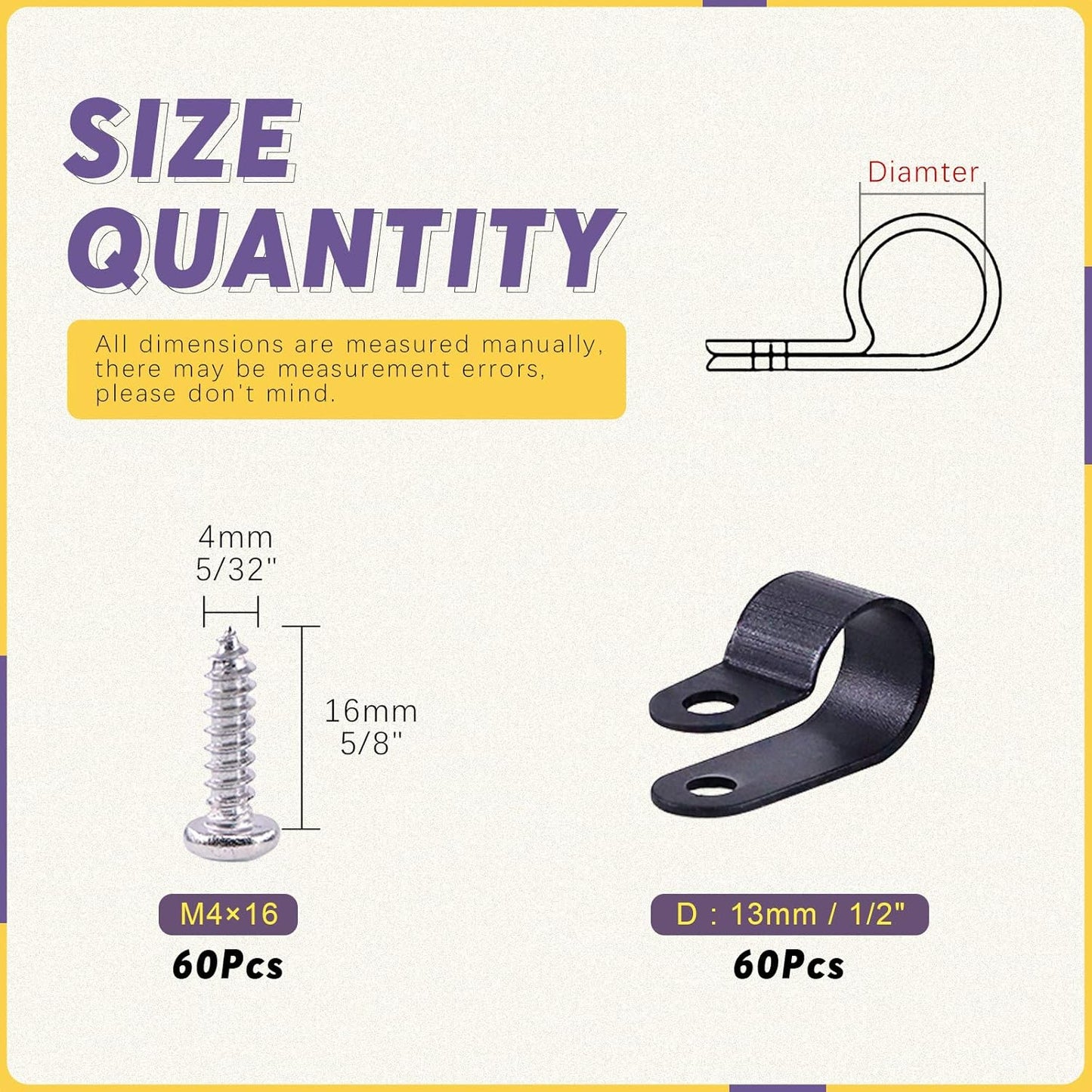 Swpeet 60 Pack Black 1/2 Inch Nylon Plastic R-Type Cable Clips Clamp Kit, Nylon Screw Mounting Cord Fastener Clips with 60 Pack Screws for Wire Management
