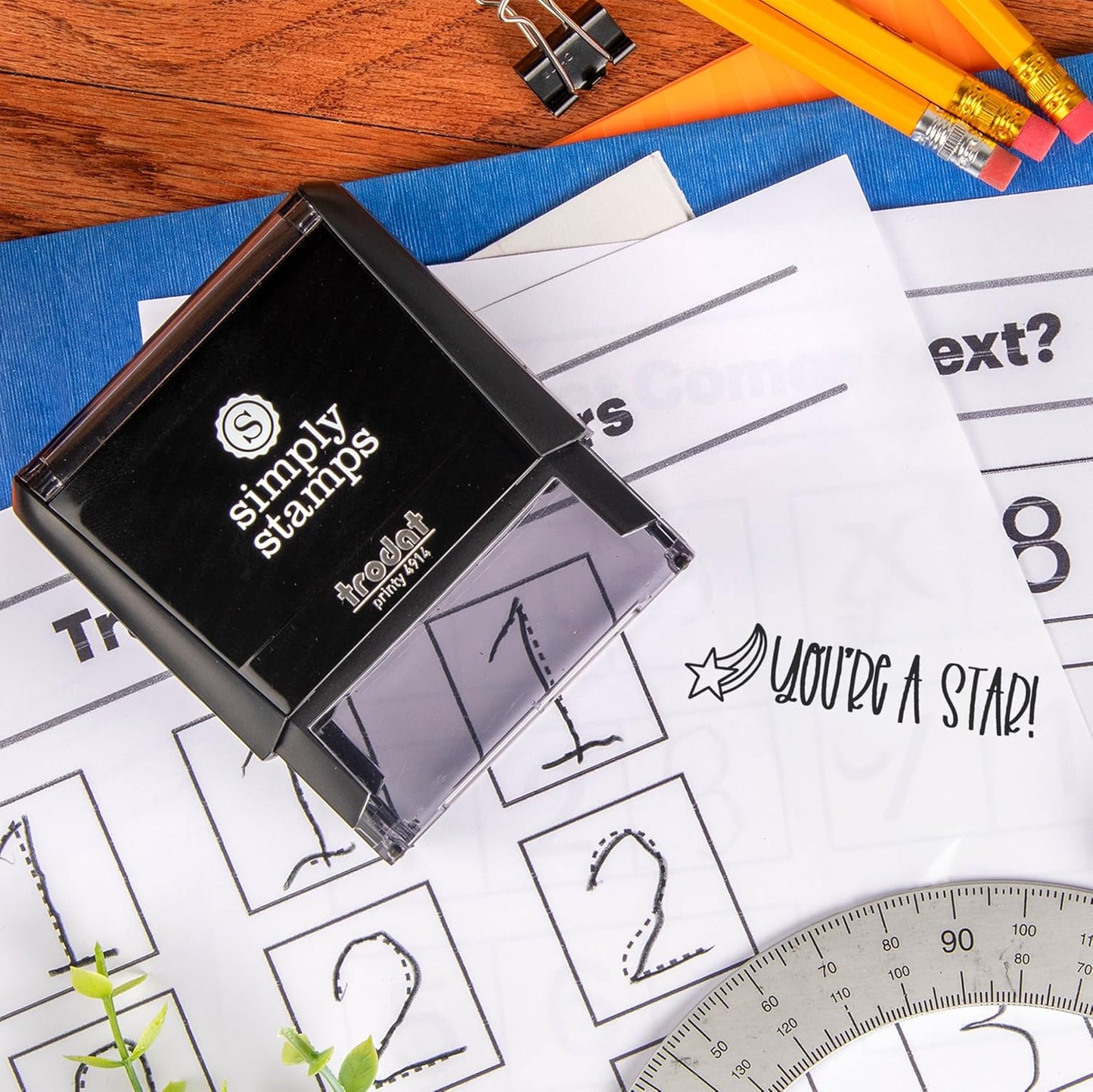 Custom Self-Inking Stamps | 49 Designs | Fun Phrases | Grading Made Easy | Classroom, Library Book Stamps (You're a Star!, Xtra Wide)
