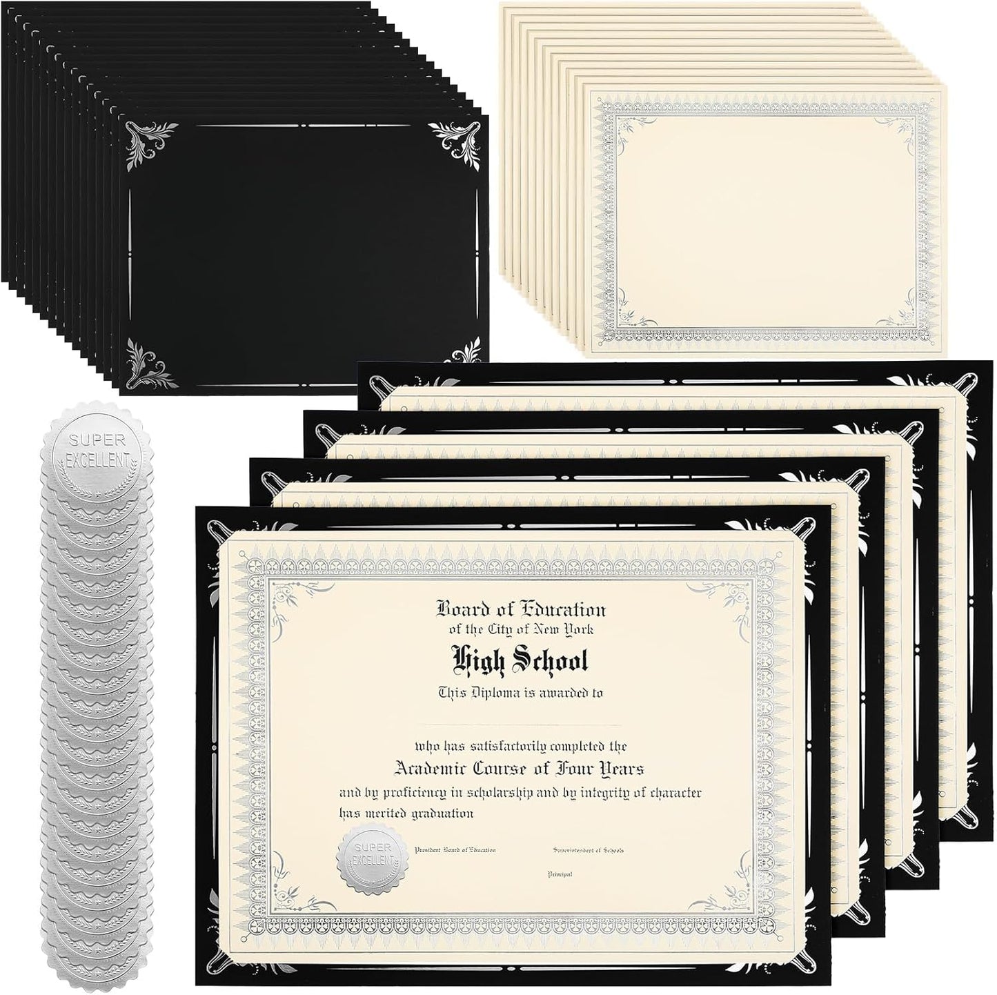 Fainne 50 Sets Certificate Kit Includes 50 Pcs 9.5 x 12 Inch Certificate Holders 50 Pcs Letter Size Papers 50 Pcs Foil Award Seals Diploma Covers for Appreciation(Black, Silver)