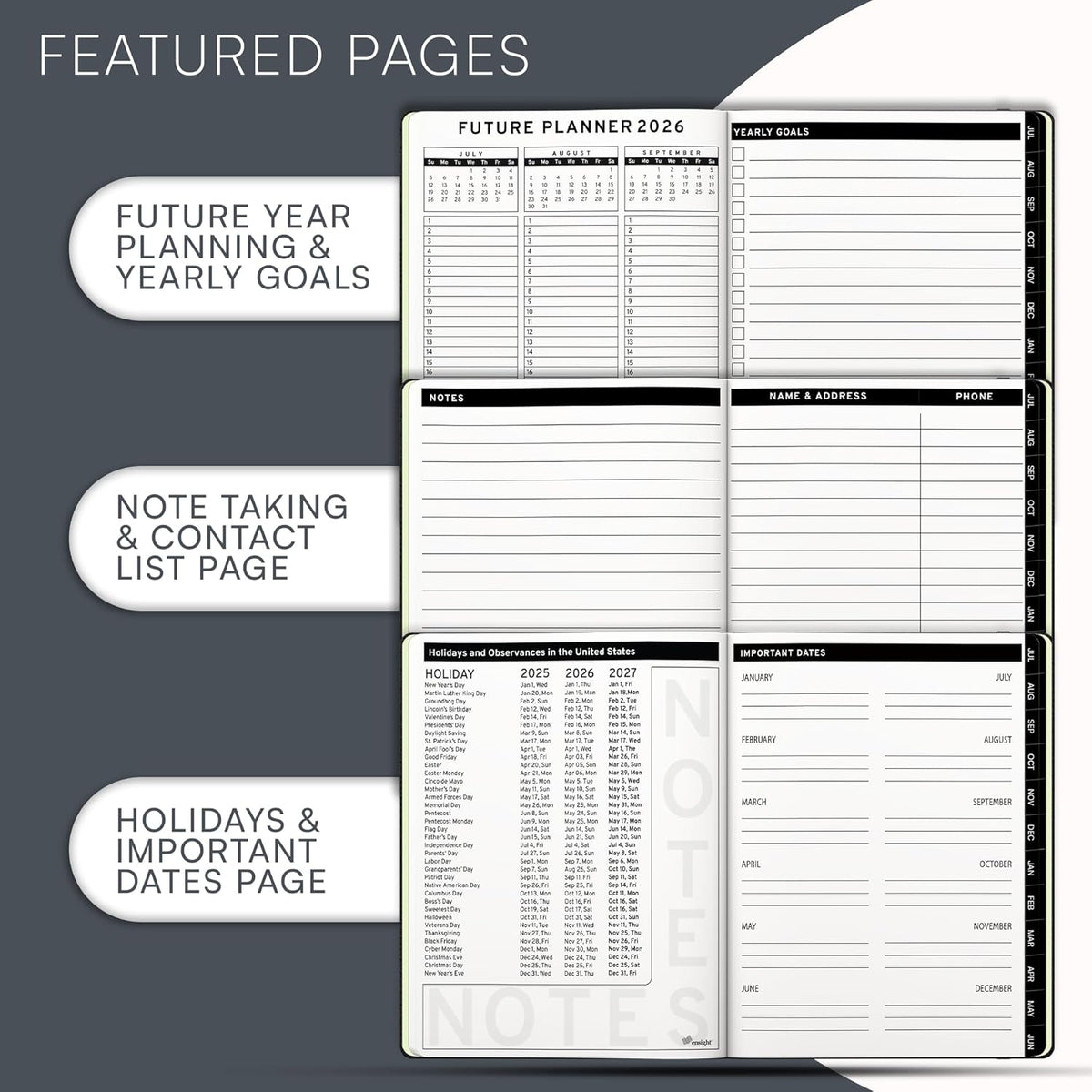 Ensight 2025-2026 HARDCOVER Leather Planner Weekly & Monthly - 6.5x8.5 Inches - Academic Planner Business Personal or Student - Pen Holder, Thick Paper, July 2025 - June 2026 (Black)