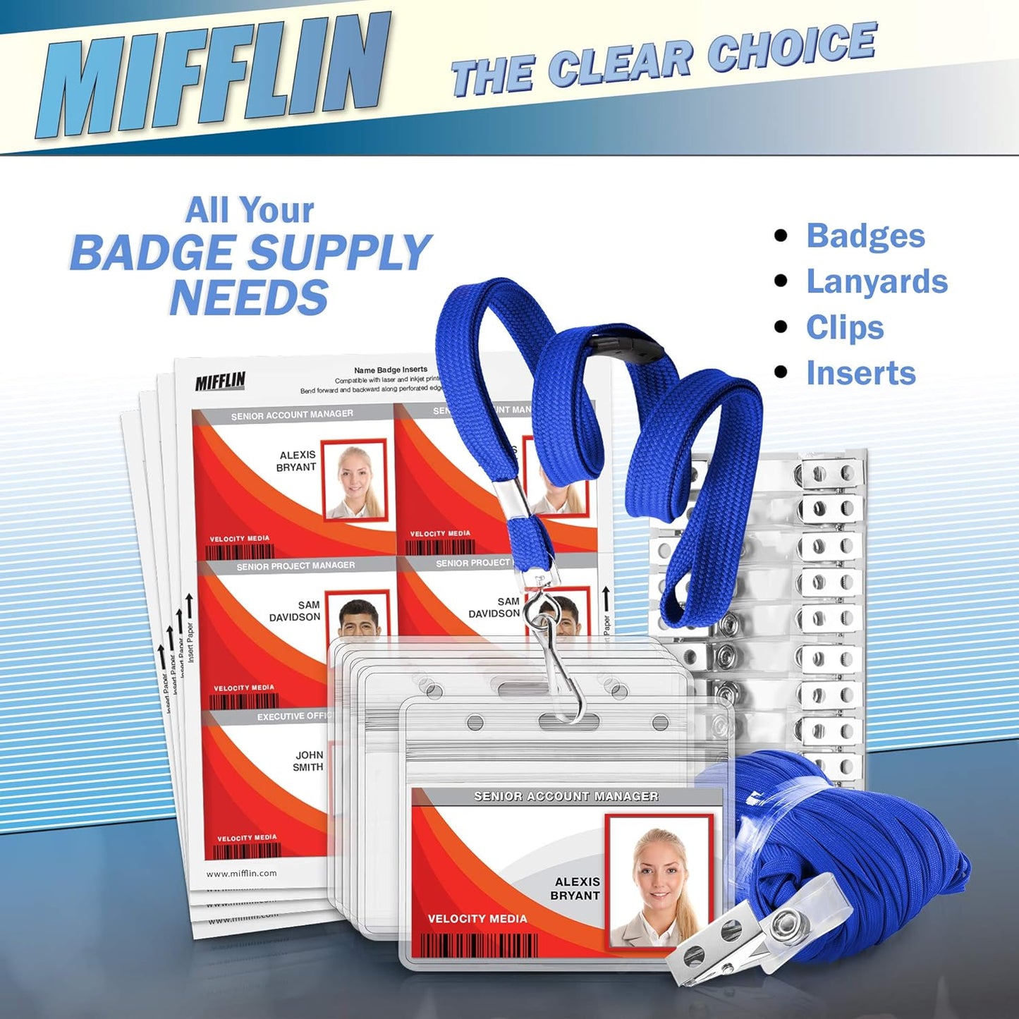MIFFLIN-USA Flat Breakaway Safety Lanyard for ID Badges (Blue, 36 Inch, 250 Pack), Soft Woven Neck Line