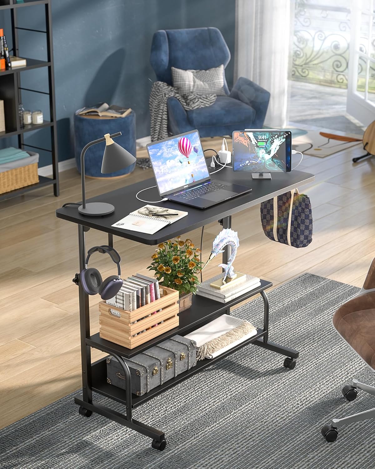 Armocity Height Adjustable Standing Desk with Power Outlets, 32" Manual Stand Up Desk with Storage Shelves Small Mobile Rolling Computer Desk Portable Laptop Table with Wheels for Home Office, Black