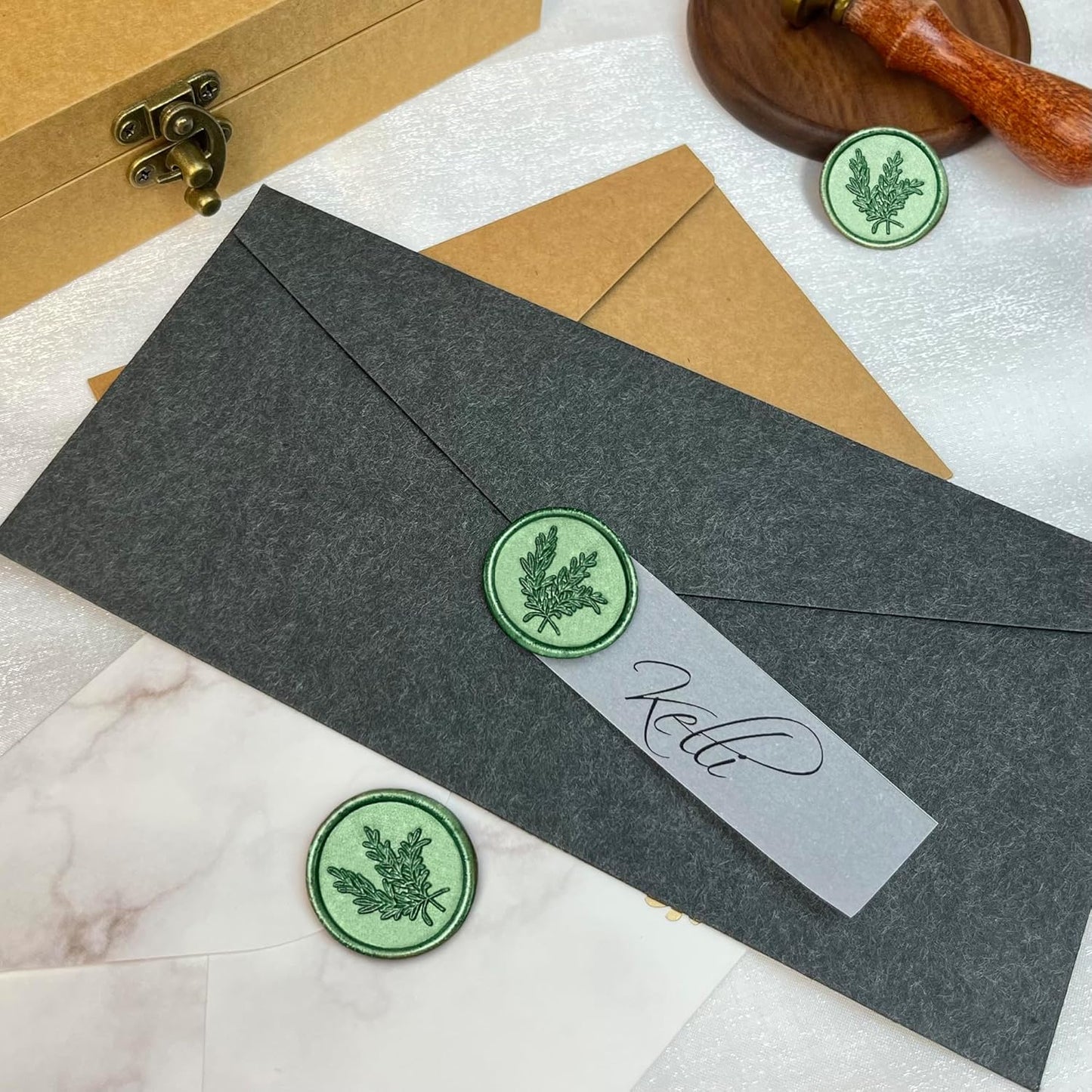 50Pcs Wax Seal Stickers Handmade Envelope Seals Self Adhesive Wax Stickers for Wedding Party Invitations, Envelope, Gift Wrap, Christmas(Rosemary Style, Green)