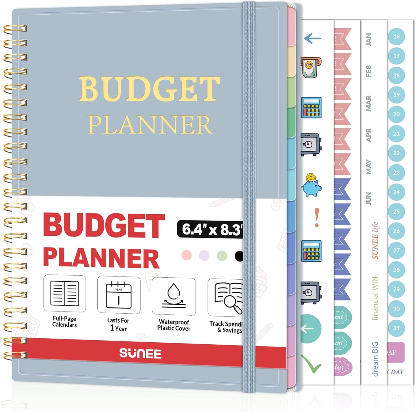 SUNEE Budget Planner - Monthly Budget Book with Expense Tracker Notebook, Undated 12 Month Bill Organizer & Finance Planner to Manage Your Money, A5 (6.4" x 8.3") Account Book with Colorful Tab, Blue
